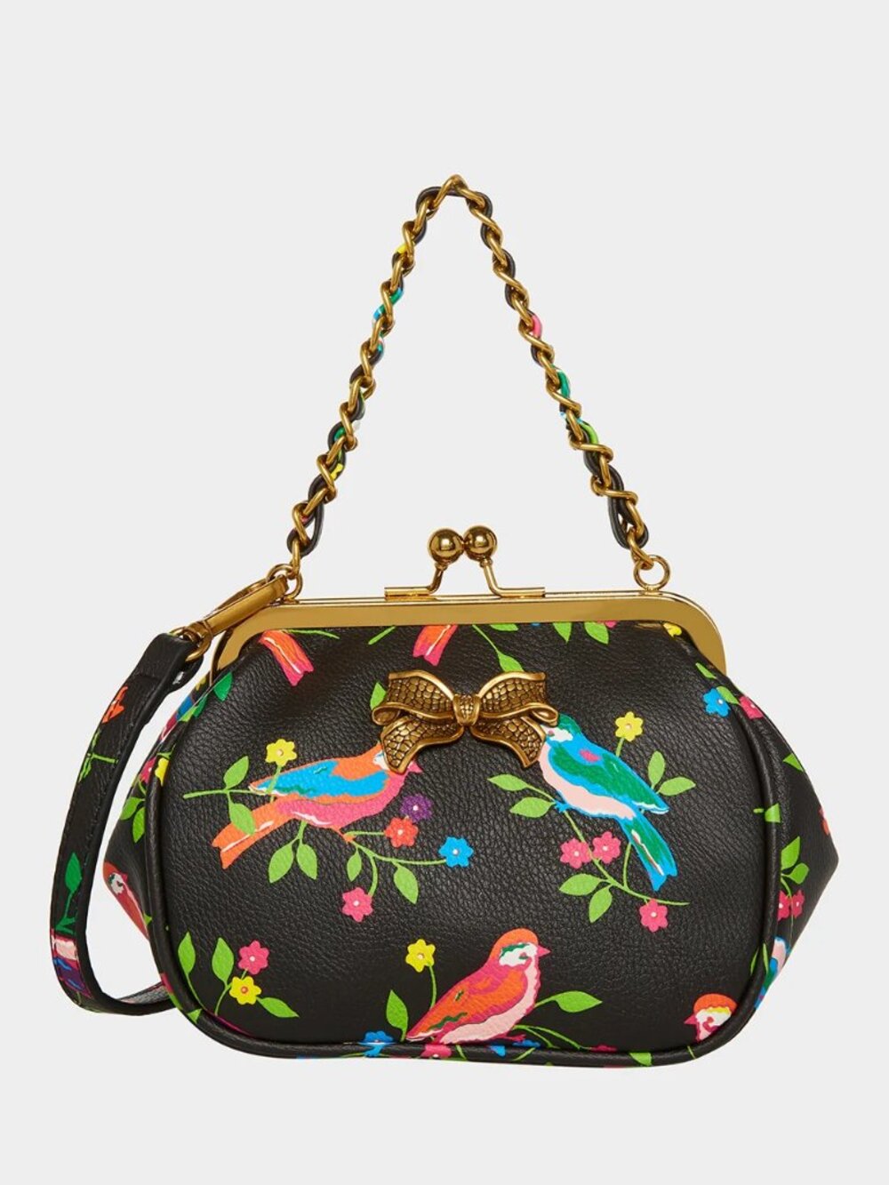 Betsey Johnson Kitsch Lil' Nugget Kiss Lock Bag Black Multi Birds NWT